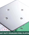 Close-up of heavy duty stainless steel platform on 22 lbs mechanical portion control kitchen and food scale with industrial dial.