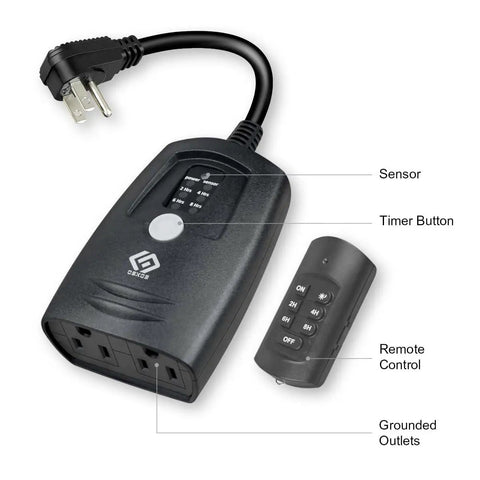 Smooth Operator Outdoor Remote Control Photocell Timer With Dusk To Dawn Sensor and Two Grounded Outlets, black, includes remote control.