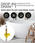 Freestanding Bathtub Drain Kit With Drop-In Style in white PVC and brass, shown with bathroom installation.