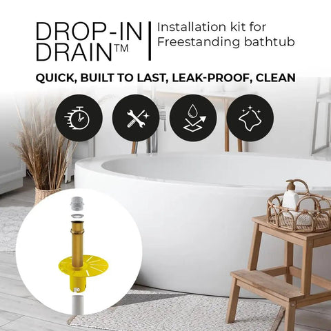 Freestanding Bathtub Drain Kit With Drop-In Style in white PVC and brass, shown with bathroom installation.