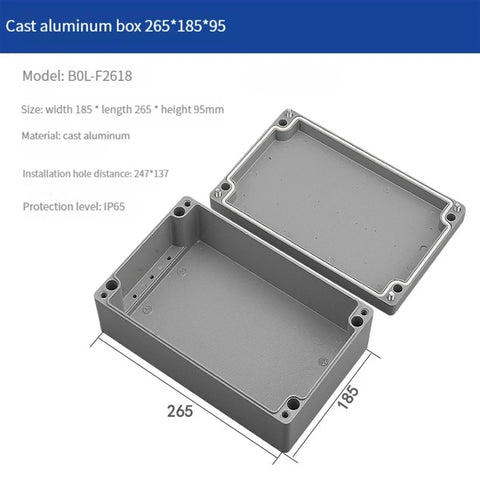 IP66-rated cast aluminum junction box with lid, outdoor electrical enclosure 265x185x95mm
