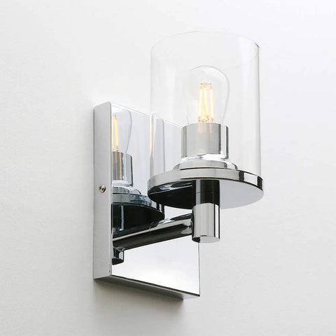 Super Cool Vintage Style One Light Wall Sconce With Clear Glass Shade And Metal Base In Chrome, wall mounted for industrial vibe.