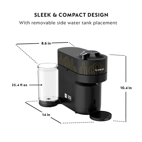 Vertuo Pop Plus Coffee And Espresso Maker With Aeroccino3 Milk Frother, sleek compact design, side water tank, yellow accent.