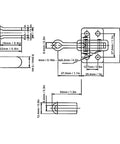 Technical drawing of Heavy Duty Toggle Clamp With 150kg Clamping Force Horizontal Plunger Stroke Welding Hold Down Clamp For Woodworking Jigs And Fixtures Quick Release Hand Tool For Easy Secure Workpiece Positioning In Jigs with dimensions.
