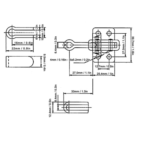 Technical drawing of Heavy Duty Toggle Clamp With 150kg Clamping Force Horizontal Plunger Stroke Welding Hold Down Clamp For Woodworking Jigs And Fixtures Quick Release Hand Tool For Easy Secure Workpiece Positioning In Jigs with dimensions.