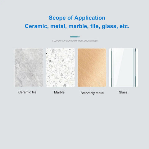 Scope of materials for Retractable Door Closer For Standard Screen And Sliding Doors, ceramic, marble, metal, glass surfaces displayed.