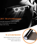 Close-up of 12X48 Inch Matte Black Taillight Tint Film Kit showcasing waterproof features and headlights in use.