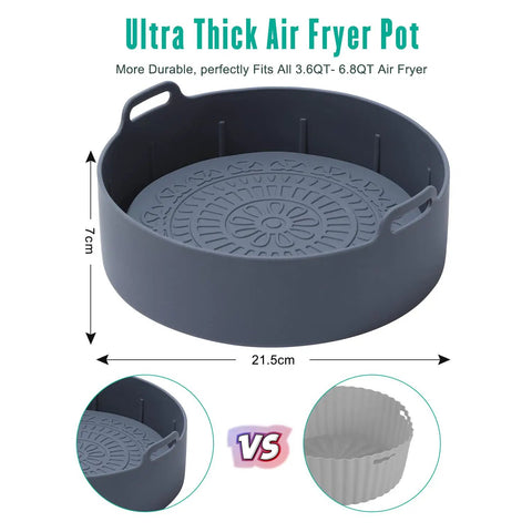 Gray reusable air fryer silicone liner, nonstick, fits 5 Qt, with easy grip handles, part of the Reusable Air Fryer Silicone Liners Set