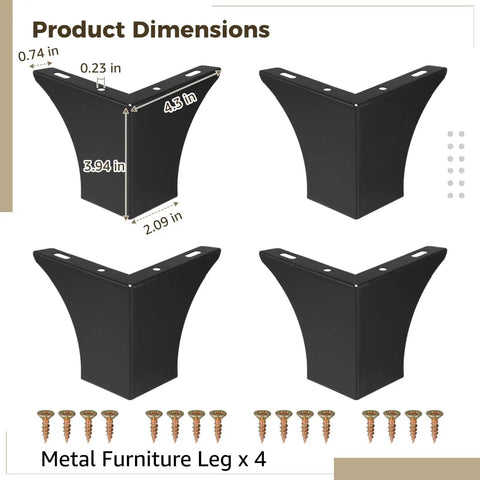 4 Piece Metal Furniture Legs in Bold Black Coated Finish for Dresser and Cabinet Use