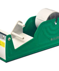 Heavy Duty Table Top Multi Roll Tape Dispenser Built Tough With Embossed Steel Frame And Smooth Pull Tier Bars Handles Two Inch Wide Tape Office Setup in green with tape rolls.
