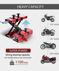 Motorcycle Lift 1100 Lbs Center Scissor Lift Jack With Saddle And Safety Pins For Dirt Bikes Cruisers Touring Motorcycles And ATVs
