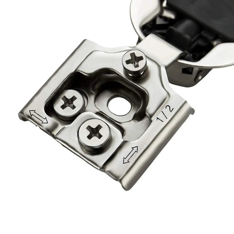 Close-up of stainless steel adjustable hinge from 20 Pack 10 Pair Half Inch Overlay Soft Close Kitchen Cabinet Hinges Satin Nickel Finish