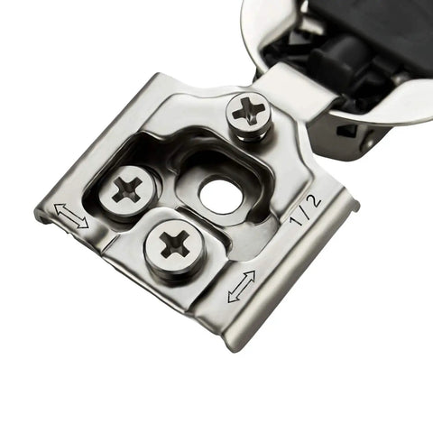 Close-up view of Two Pack One Half Inch Overlay Soft Close Kitchen Cabinet Hinges In Stainless Steel With Adjustable Mechanism And Satin Nickel Finish