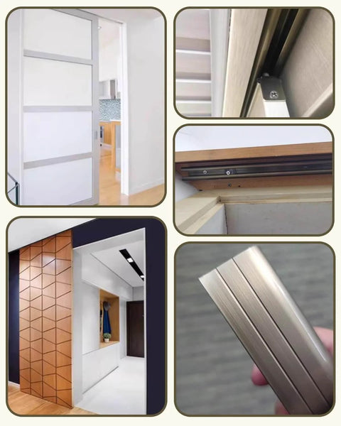 Sliding Barn Door Hardware Kit for Two Doors With Double Track System And Pocket Door Track For Wardrobe And Bifold Doors Excluding Doors Heavy Duty Four Wheel Carrier In Stainless Steel And Nylon Sturdy One Point Seven Millimeter Aluminum Rail installed on wardrobe.