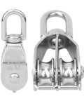 Two Pack Double Pulley Block Heavy Duty Lifting Sheave With Steel Wire Rope Hook For Rock Solid Rigging Jobs Quick Setup Design, showing smooth dual sheaves.