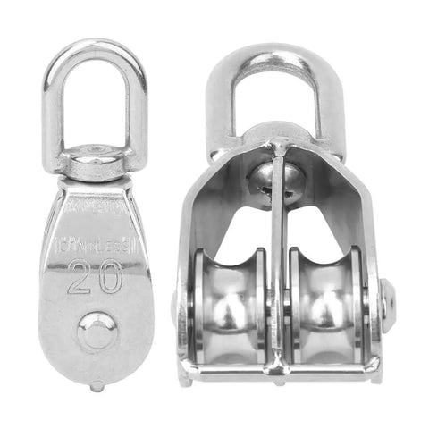 Two Pack Double Pulley Block Heavy Duty Lifting Sheave With Steel Wire Rope Hook For Rock Solid Rigging Jobs Quick Setup Design, showing smooth dual sheaves.