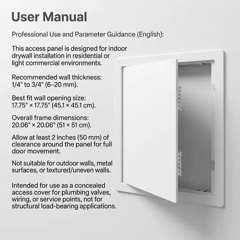 Heavy Duty Plastic Access Panel For Drywall 18x18 Inch Removable Wall Door User Manual Instructions and Dimensions