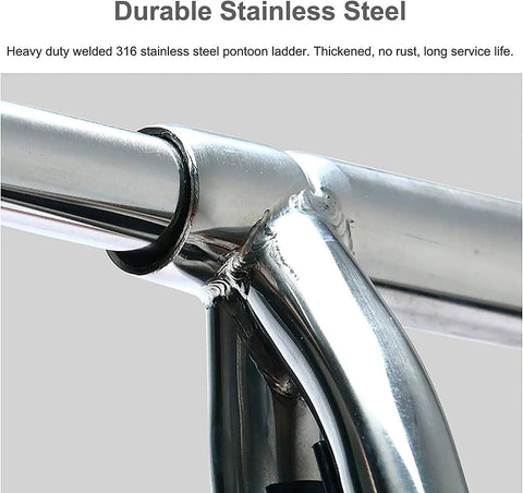Close-up of heavy duty welded stainless steel structure of Folding Dock Boat Ladder 4 Step Heavy Duty Stainless Steel Marine Yacht Ladder With Removable Swim Deck Non Slip Pedals And Hand Rail Telescoping Design For Easy Safe Boarding.