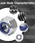 Premium Grade Top Shelf M18 2.5mm Hex Lock Nuts With Nylon Inserts 304 Stainless Steel Metric Fasteners on a dark background.