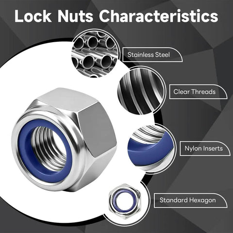 Premium Grade Top Shelf M18 2.5mm Hex Lock Nuts With Nylon Inserts 304 Stainless Steel Metric Fasteners on a dark background.