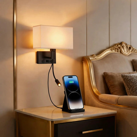Hardwired Black Wall Sconce With USB Port And Reading Lamp, Linen Fabric Shade Bedside Wall Light for bedroom next to a bed