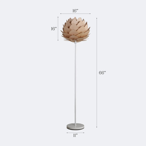 Artichoke Design 68 Inch Tall Free Standing LED Floor Lamp With Multi Panel Wooden Shade For Living Room Ambience, front view.