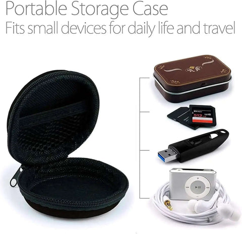 Open black portable storage case for small devices, fits earbuds and USB drives, showcasing smooth interior.