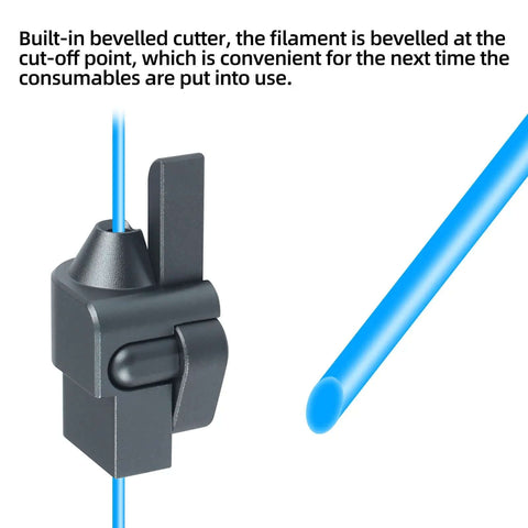 Close-up of Upgrade Filament Cutter For Adventuer 5M Pro 3D Printer, showing bevelled filament and all-metal extruder head.