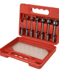 Top Shelf 7 Piece Forstner Drill Bit Set Cutting Flawless Flat Bottom Holes With Heavy Duty Steel Build in red case.