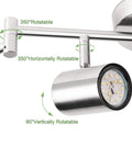 Closeup of adjustable head of Dope 6 Light Brushed Nickel Ceiling Track Lighting Fixture Kit with rotation angles shown