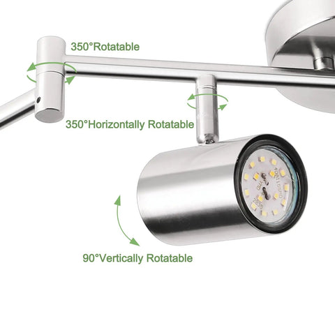 Closeup of adjustable head of Dope 6 Light Brushed Nickel Ceiling Track Lighting Fixture Kit with rotation angles shown