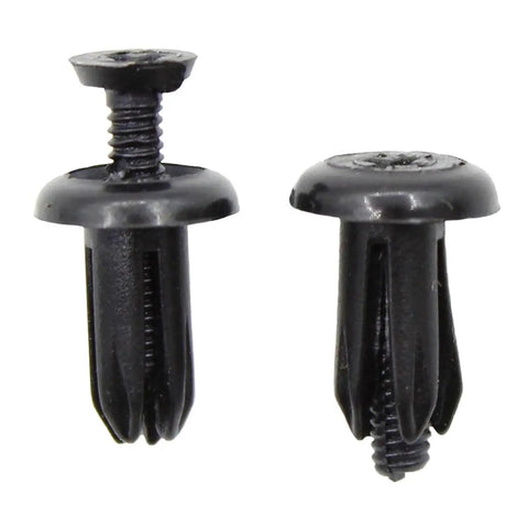 Huge 120 To 240 Piece Car Trim Rivet Kit With Nylon Bumper Clips That Hold Firm And Secure Plastic Panels, Dash Trims And Grilles Like A Boss Without Falling Out On The Road. black nylon car trim rivets, close-up of two bumper clips