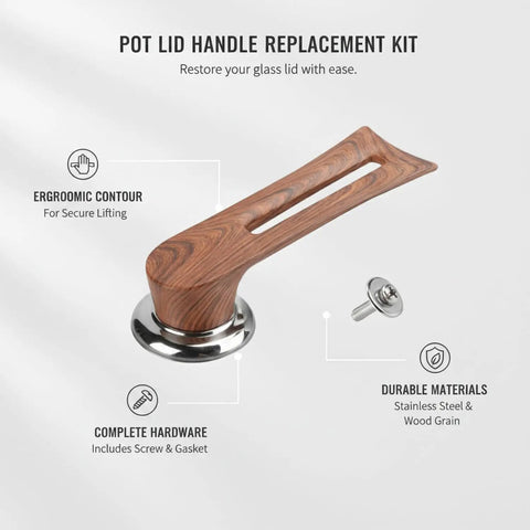 Heavy Duty Stainless Steel Replacement Pot Lid Handle With Realistic Wood Grain Finish And Secure Gasket Kit For Glass Lids That Keeps It Tight While You Cook; angled view with screw
