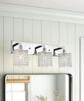 Three Light Crystal Vanity Light Fixture With Chrome Finish, Modern Crystal Wall Sconce Lighting above a bathroom mirror