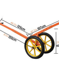 Heavy Duty Steel Adjustable Manhole Cover Hoist With 400 Lb Lift Capacity, shown with dimensions and wheels for transport.