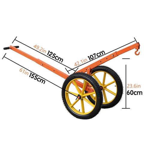 Heavy Duty Steel Adjustable Manhole Cover Hoist With 400 Lb Lift Capacity, shown with dimensions and wheels for transport.