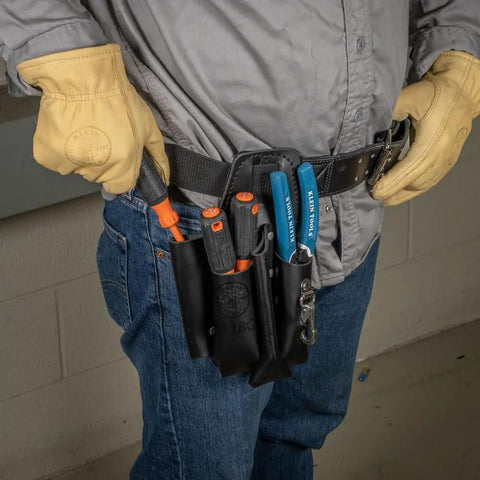 Electrician wearing tool belt with Insulated Screwdriver Set With 1000V Rating, 4 Inch Round Shanks, Square Tip, Phillips, Slotted Tips