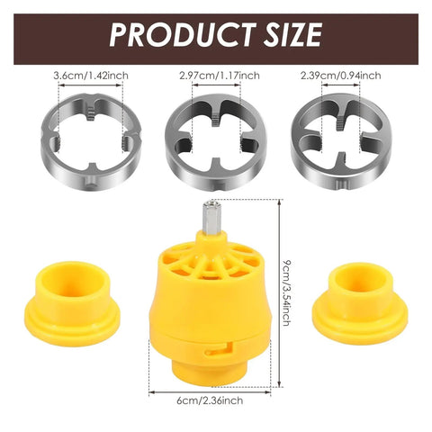Heavy Duty PVC Thread Maker Kit With Electric Drill Adapter Includes Three Interchangeable Replacement Dies, shown with dimensions.