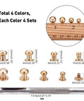 Pro-Level Gear 64 Set Metal Button Studs With Screwback Design In 4 Sick Colors Including Antique Bronze Gunmetal Platinum And Gold For Serious Diy Projects Jewelry Making Leather Work Heavy Duty Steel Hardware That Hits Different, showing sizes and colors.