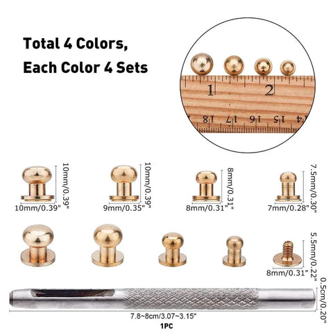 Pro-Level Gear 64 Set Metal Button Studs With Screwback Design In 4 Sick Colors Including Antique Bronze Gunmetal Platinum And Gold For Serious Diy Projects Jewelry Making Leather Work Heavy Duty Steel Hardware That Hits Different, showing sizes and colors.