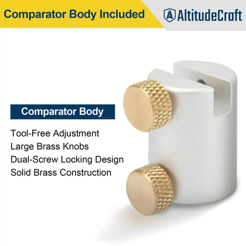 Headspace Gauge Comparator Kit With 6 Bushings for Reloading, featuring solid brass knobs and dual-screw locking design.