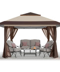 Easy Setup 13x13 Pop Up Gazebo With Wheeled STO-N-Go Cover Bag, Large Outdoor Canopy Tent For Backyard And Patio, Quick Two Person Assembly, No Tools, Beige And Coffee Color, Sturdy Weather Resistant shown with furniture
