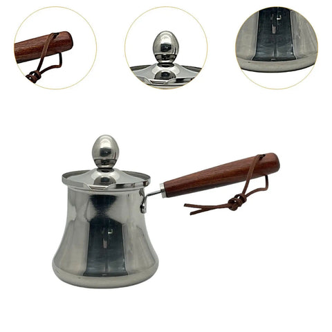Turkish Style Stainless Steel Coffee Pot And Milk Pot With Lid Wooden Handle Spout Stovetop Butter Melting Pot For Cafe Or Home Use 250Ml Durable Rust Resistant Easy Clean Kitchen Essential