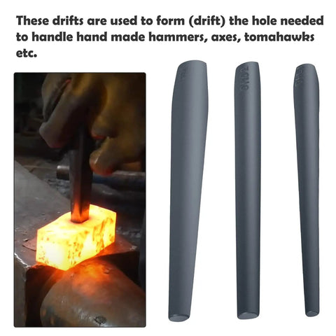 Pro Grade Drift Set For Forging And Knifemaking 3 Pc Kit With Tomahawk Axe And Mouse Hammer Drifts, blacksmith using drift on hot metal