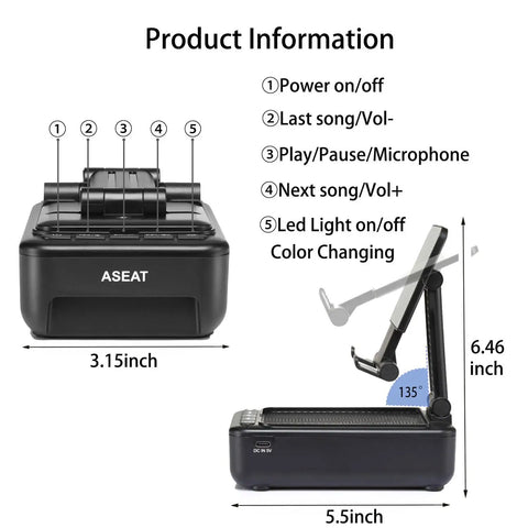 Phone Stand With Bluetooth Speaker And LED Color Changing Light Dope Wireless Speaker Dock showing dimensions and buttons