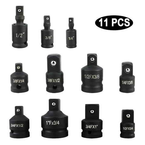 11 Piece Impact Adapter And Reducer Set With Universal Joint Swivel Sockets For Quarter Inch, Three Eighths Inch, Half Inch And Three Quarters Inch Drives, Heavy Duty Drop Forged Construction In Durable Carry Case For Auto Repair displayed.