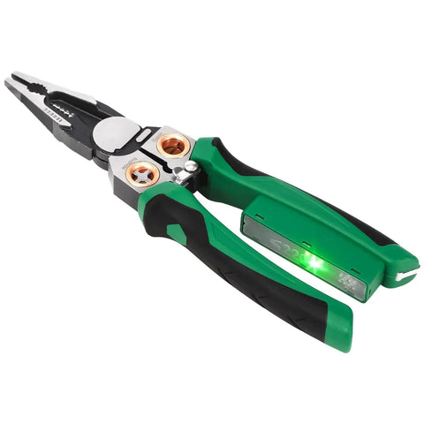 8 In 1 Wire Stripper Pliers Carbon Steel Multi Function Electrician Tool for Cutting Crimping Stripping and Testing with green grips.