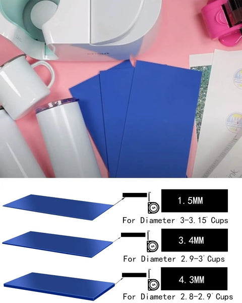 Sublimation Tumbler Wrap Kit For Mug Press With Three Silicone Thickness Wraps, skinny tumbler covers, on pink background