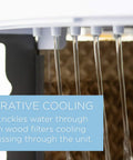 Close-up of water trickling through the aspen wood filters in the Portable Evaporative Air Cooler For Bedroom And Office Electric Standing Cooling Fan That Completely Beats The Summer Heat And Keeps You Chillin All Day Long Compact Personal Room Cooler In White.