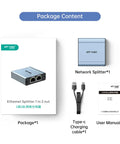 Gigabit Ethernet Splitter 1 To 2 High Speed 1000Mbps Dual RJ45 Port Adapter package contents including splitter, cable, and manual.